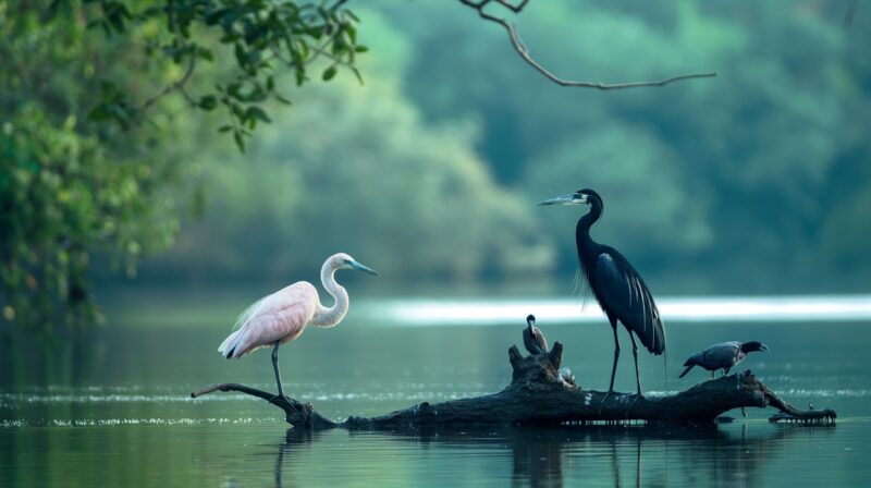 Two storks on a piece of wood in the river