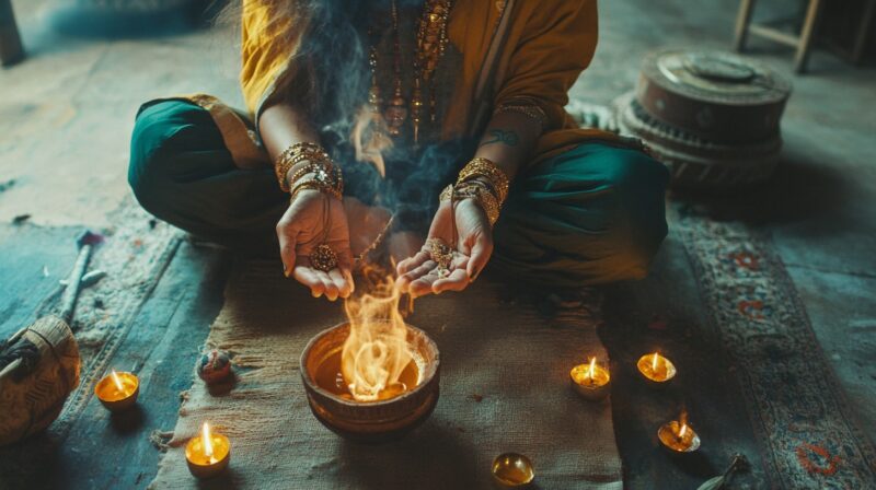 Woman perfoming a ritual in Durga Parameshwari Temple 